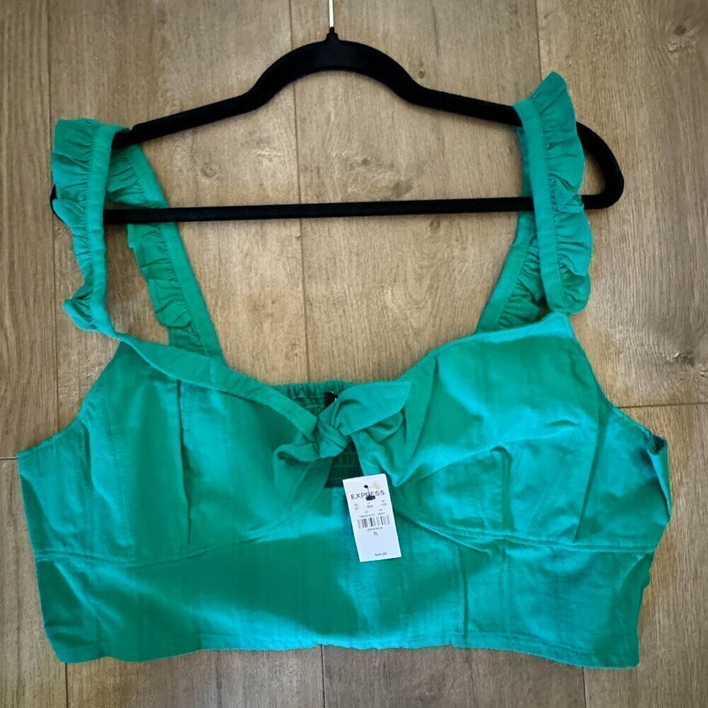 Express Green Ruffle Strap Crop Top – Size XL